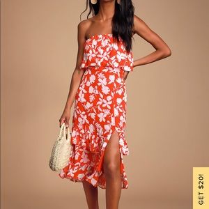 Paradise is Waiting Red Floral Print Strapless Midi Dress